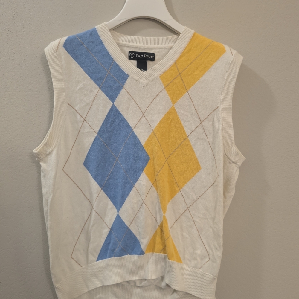 Pro Tour Argyle Sweater Vest Cream Blue Yellow Preppy Golf Layering Mens M